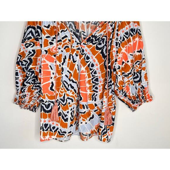 Marie Oliver Printed Puff Sleeve V-Neck Blouse Top Orange/Black/Blue Women's 1 - Picture 4 of 12